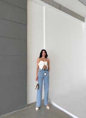 Açık Mavi Yüksek Bel Palazzo Jean Pantolon - 1