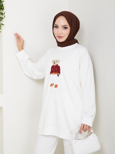 Ayı Figürlü Nakış Detaylı Beyaz Oversize Sweatshirt - Kaylule