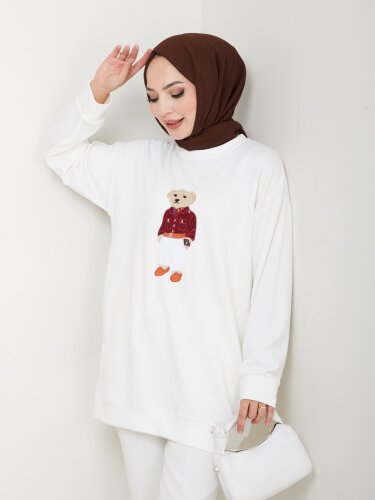 Ayı Figürlü Nakış Detaylı Beyaz Oversize Sweatshirt - 2