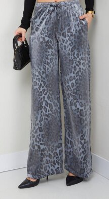 Gri Leopar Desenli Saten Salaş Palazzo Pantolon - 3