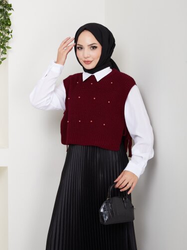 İnci İşlemeli BordoTriko Süveter - Kaylule