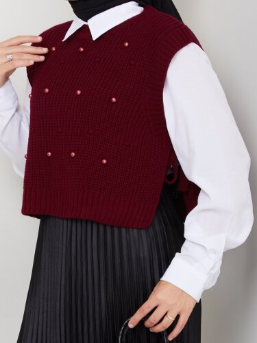 İnci İşlemeli BordoTriko Süveter - 2