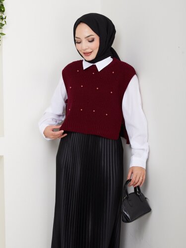 İnci İşlemeli BordoTriko Süveter - 3