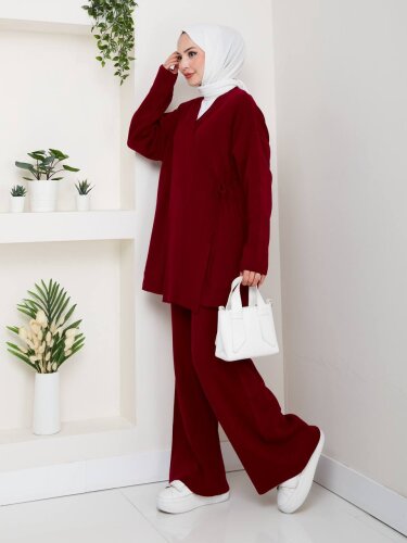 Kadın Bağlamalı Kruvaze Bordo Triko İkili Takım - Kaylule