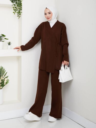 Kadın Bağlamalı Kruvaze Kahverengi Triko İkili Takım - 2