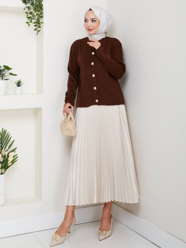 Kadın Düğme Detaylı Kahverengi Triko Hırka - 2