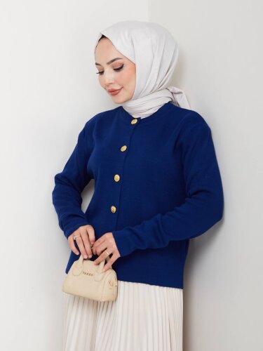 Kadın Lacivert Düğme Detaylı Triko Hırka - 