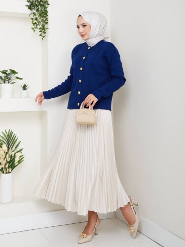 Kadın Lacivert Düğme Detaylı Triko Hırka - 3