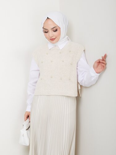 Krem İnci Detaylı Kalın Dokulu Kadın Triko Süveter - Kaylule