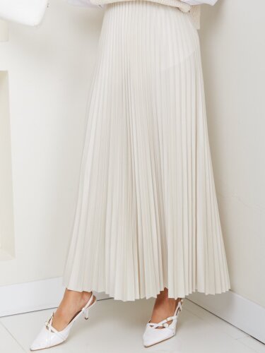 Krem Uzun Piliseli Şık Kadın Etek - 2