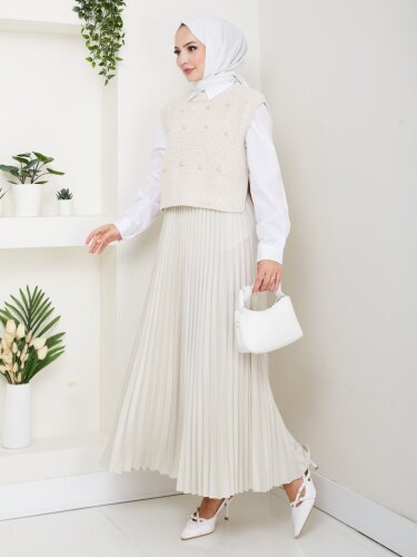 Krem Uzun Piliseli Şık Kadın Etek - 3