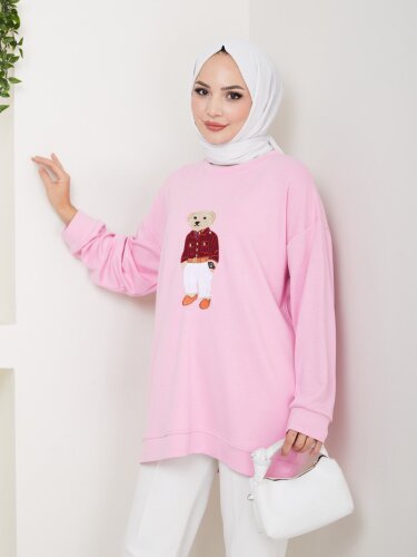 Pembe Ayı Nakışlı Oversize Kadın Sweatshirt - Kaylule