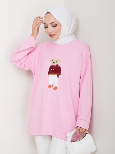 Pembe Ayı Nakışlı Oversize Kadın Sweatshirt - 3