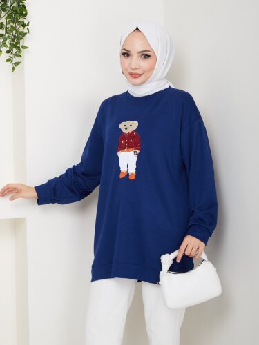 Lacivert Ayı Nakışlı Oversize Kadın Sweatshirt - Kaylule