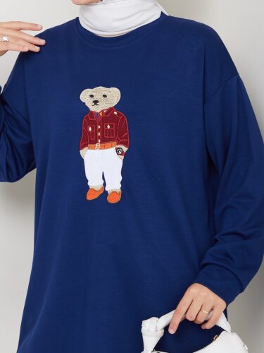 Lacivert Ayı Nakışlı Oversize Kadın Sweatshirt - 2