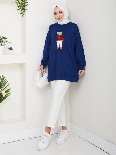 Lacivert Ayı Nakışlı Oversize Kadın Sweatshirt - 3