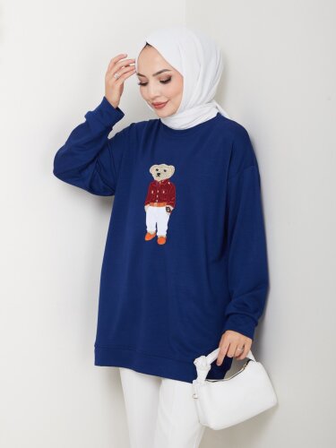 Lacivert Ayı Nakışlı Oversize Kadın Sweatshirt - 4