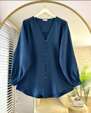 Lacivert Düğmeli Bluz - 1