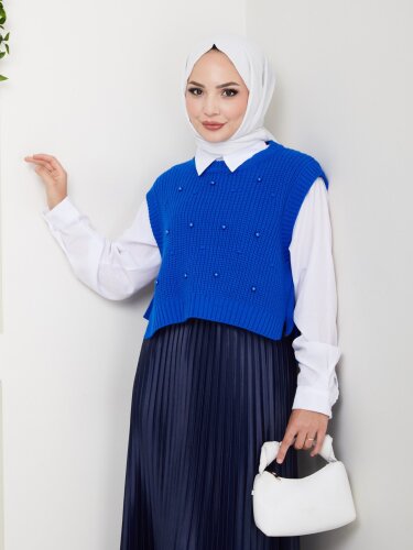 Mavi İnci Detaylı Kalın Dokulu Kadın Triko Süvete - Kaylule